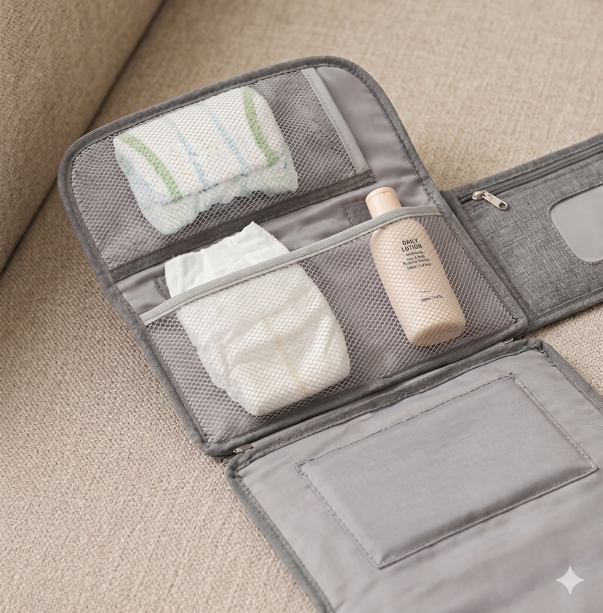 Matelas à langer gris vue sur les compartiments intérieur