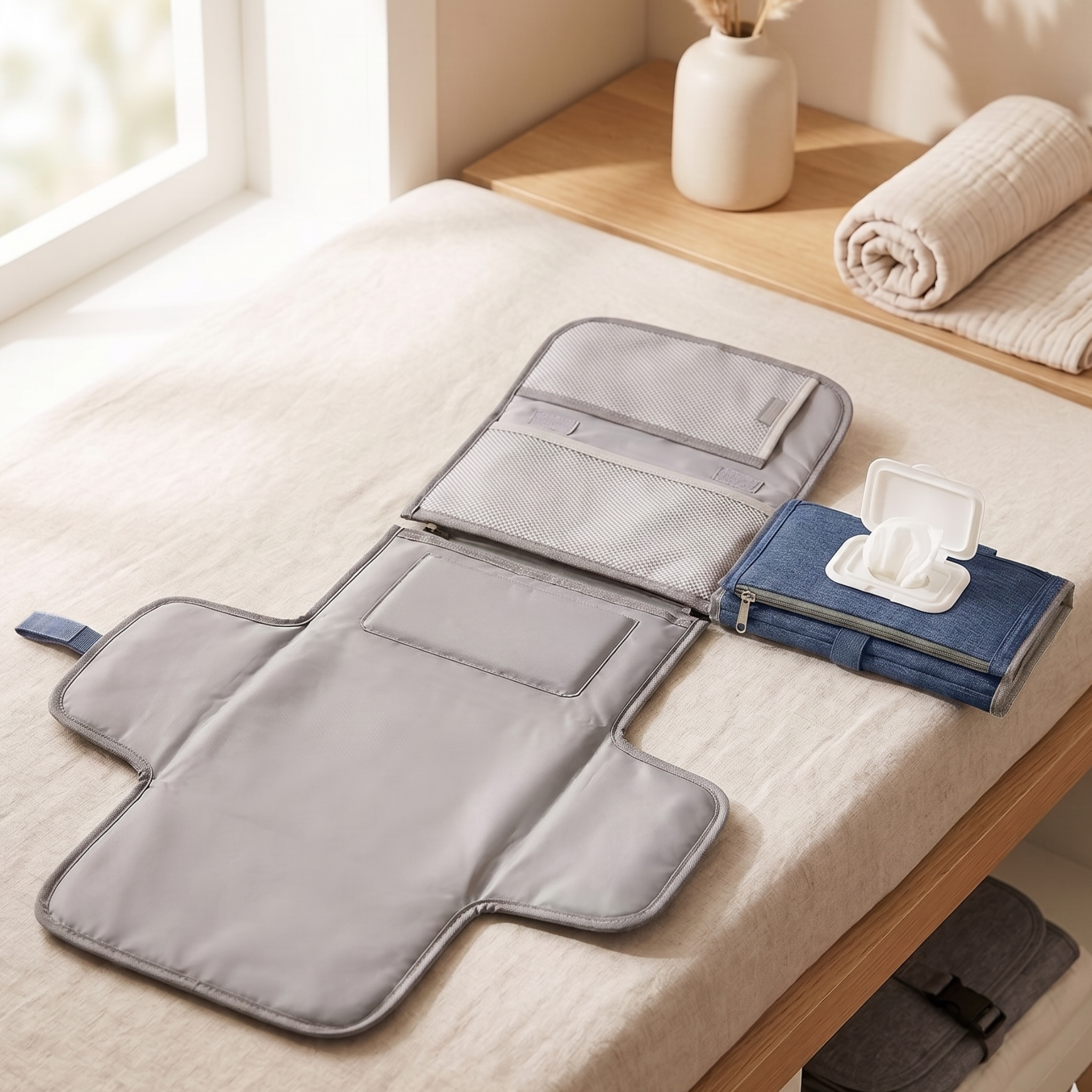 Matelas à langer bleu ouvert
