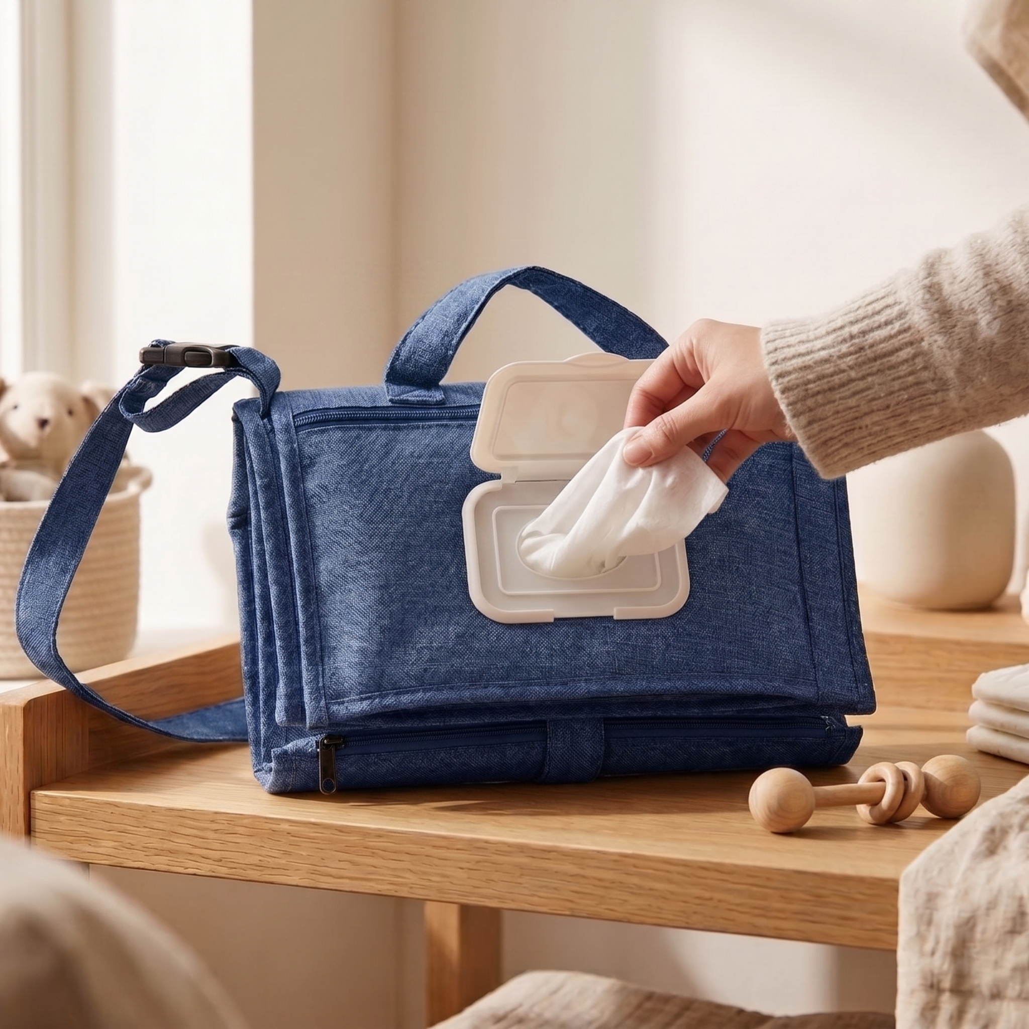 Matelas à langer bleu vu sur les lingettes 